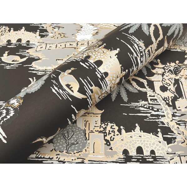 York Wallcoverings Pagoda And Sampan Scenic Black Wallpaper - RT7902