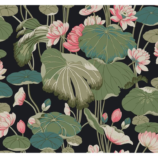 York Wallcoverings Lotus Pond Black and Pink Wallpaper - GO8292