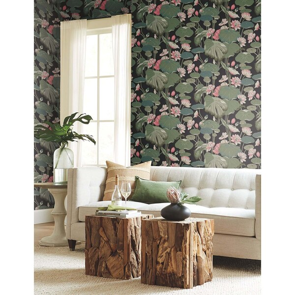 York Wallcoverings Lotus Pond Black and Pink Wallpaper - GO8292