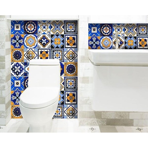 Homeroots 8 x 8 in. Shades of Blue & Yellow Mosaic Peel & Stick Removable Tiles - 400436