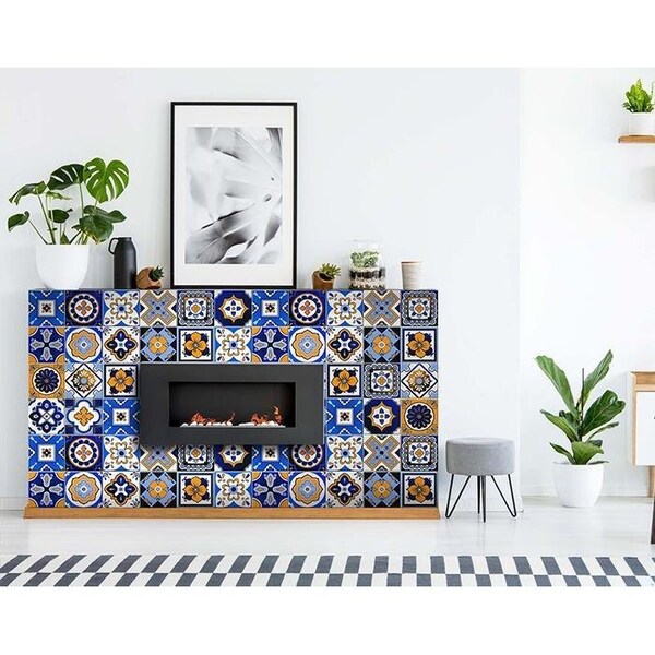 Homeroots 8 x 8 in. Shades of Blue & Yellow Mosaic Peel & Stick Removable Tiles - 400436
