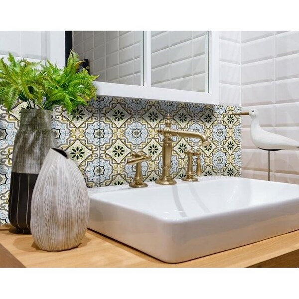 Homeroots 5 x 5 in. Taupe & Blue Scroll Peel & Stick Tiles - 400046