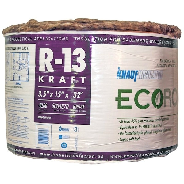 Knauf KR94E Kraft Faced Insulation, 40 sq-ft Coverage Area, 32 ft L, 15 in W, R-13 R-Value, Fiberglass - KR94E/TAK