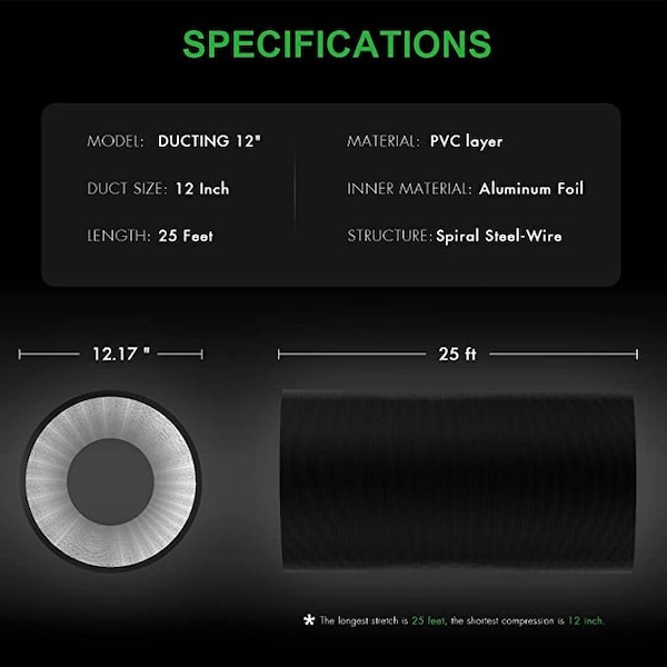Ipower 12 inch 25 feet  PVC ducting, Black(Environmental protection materials) - GLDUCT12X25CPVCBLK