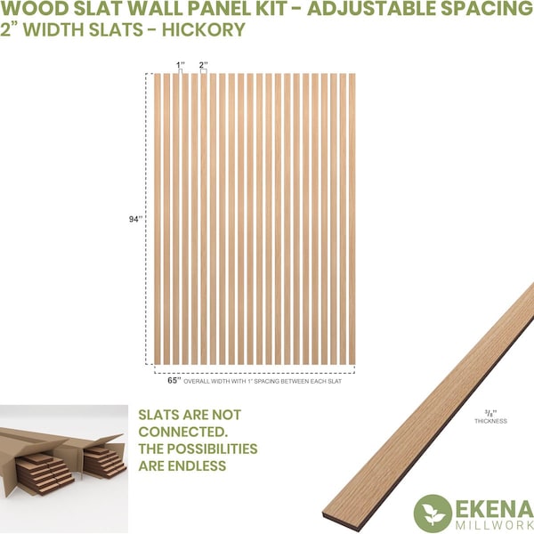 Ekena Millwork 94H x 3/8T Adjustable Wood Slat Wall Panel Kit w/ 2W Slats, Hickory contains 22 Slats - SWW66X94X0375HI