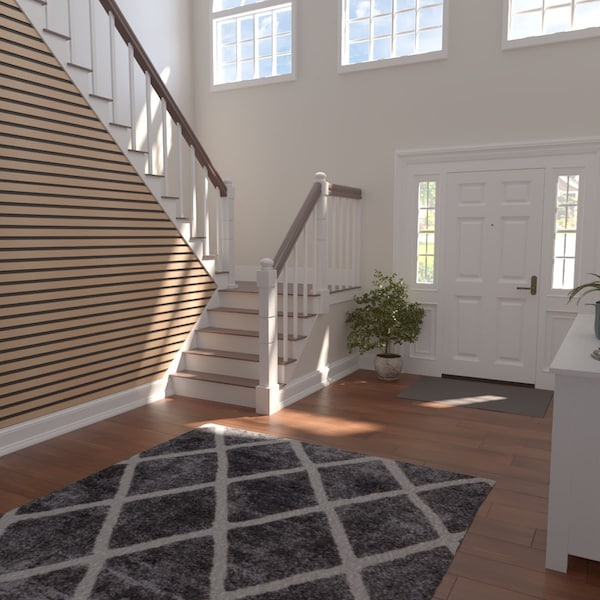 Ekena Millwork 94H x 3/8T Adjustable Wood Slat Wall Panel Kit w/ 2W Slats, Hickory contains 22 Slats - SWW66X94X0375HI
