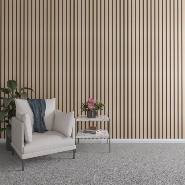 Ekena Millwork 94H x 3/8T Adjustable Wood Slat Wall Panel Kit w/ 2W Slats, Hickory contains 22 Slats - SWW66X94X0375HI