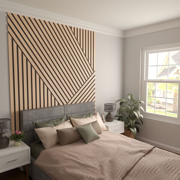 Ekena Millwork 94H x 3/8T Adjustable Wood Slat Wall Panel Kit w/ 2W Slats, Hickory contains 22 Slats - SWW66X94X0375HI