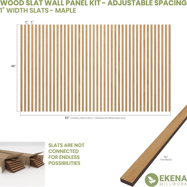 Ekena Millwork 48H x 3/8T Adjustable Wood Slat Wall Panel Kit w/ 1W Slats, Maple contains 42 Slats - SWW84X48X0375MA