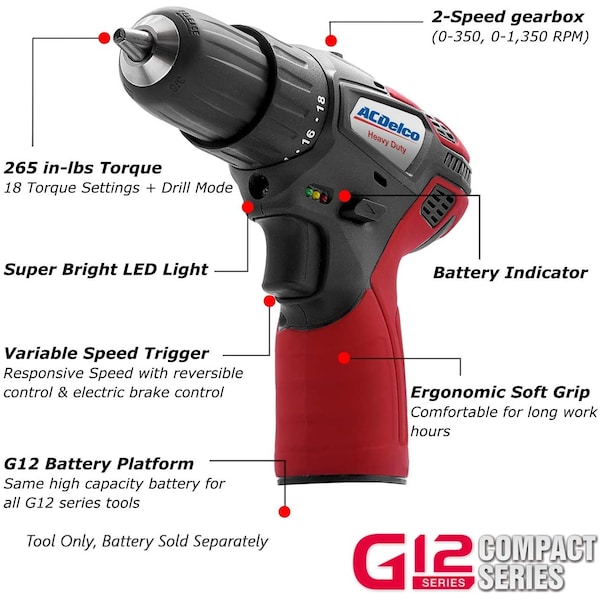 Acdelco G12 12V Cordless 3/8" Chuck 2-Speed Drill Driver, 2-Battery Kit - ARD12119P