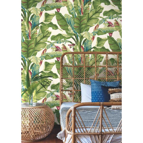 York Wallcoverings Banana Leaf Aqua and Red Wallpaper - AT7068