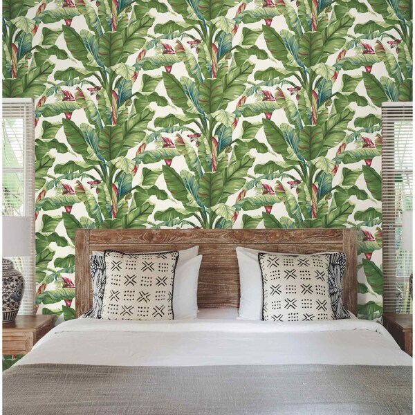 York Wallcoverings Banana Leaf Aqua and Red Wallpaper - AT7068