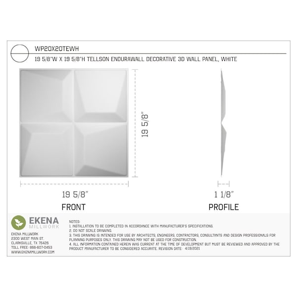 Ekena Millwork 19 5/8in. W x 19 5/8in. H Tellson EnduraWall Decor 3D Wall Panel Covers Total 53.49 Sq. Ft., 20PK - WP20X20TEWH-CASE-20