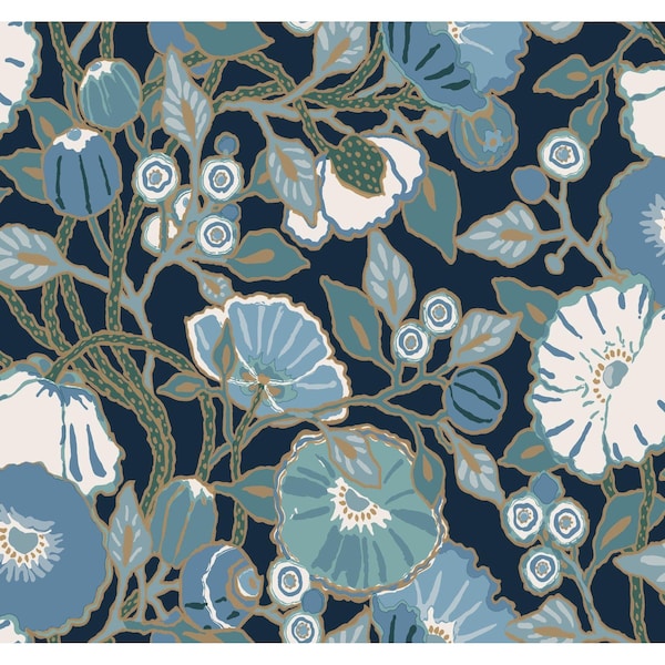 York Wallcoverings Poppies Black and Blue Metallic Wallpaper Sample - GO8312SAM