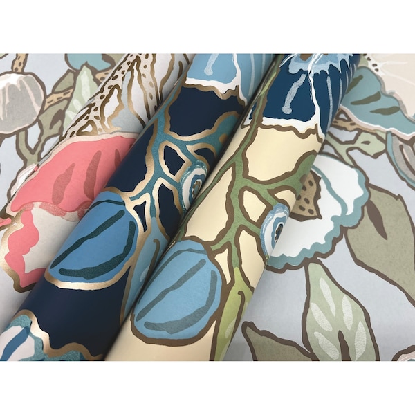 York Wallcoverings Poppies Black and Blue Metallic Wallpaper Sample - GO8312SAM