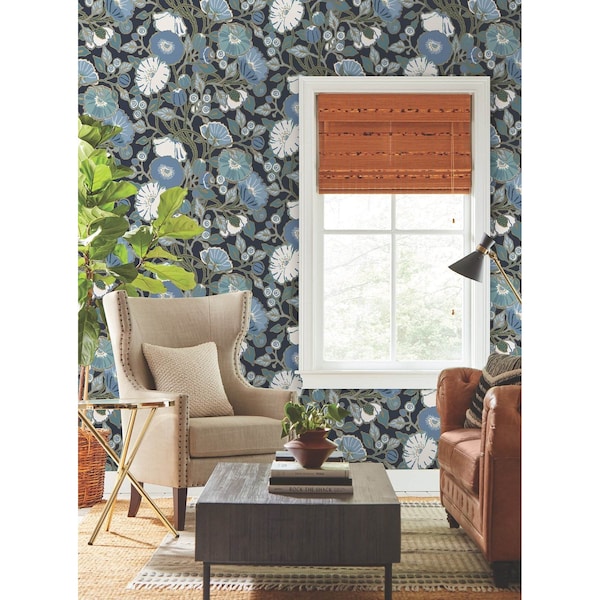 York Wallcoverings Poppies Black and Blue Metallic Wallpaper Sample - GO8312SAM