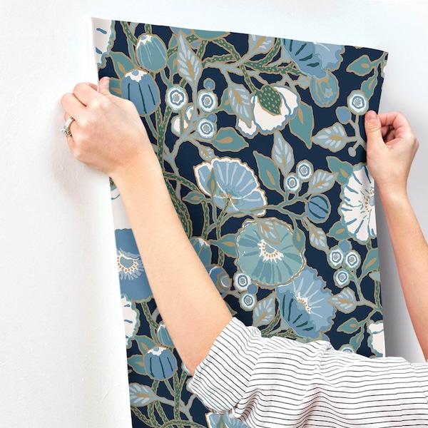 York Wallcoverings Poppies Black and Blue Metallic Wallpaper Sample - GO8312SAM