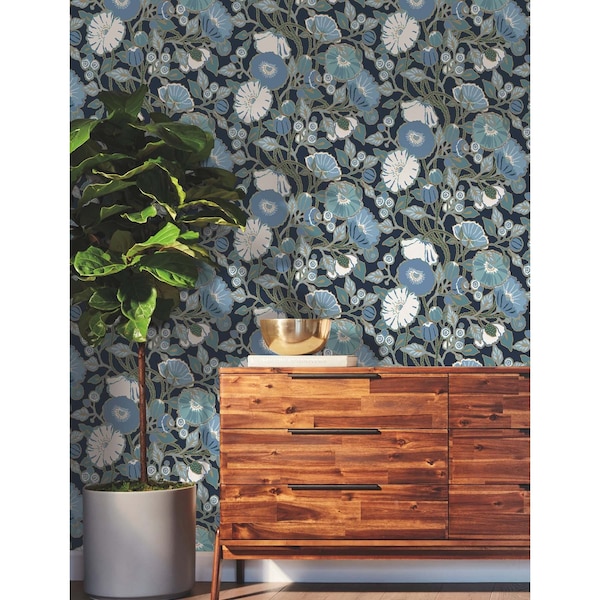 York Wallcoverings Poppies Black and Blue Metallic Wallpaper Sample - GO8312SAM