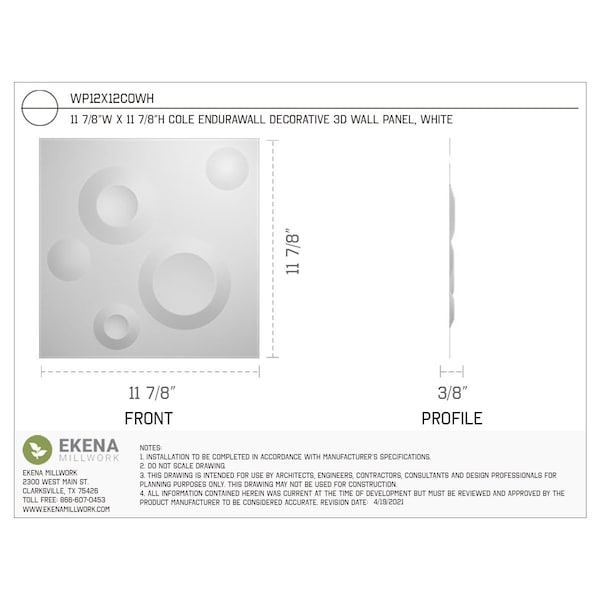 Ekena Millwork 11 7/8in. W x 11 7/8in. H Cole EnduraWall Decorative 3D Wall Panel Covers Total 19.59 Sq. Ft., 20PK - WP12X12COWH-CASE-20