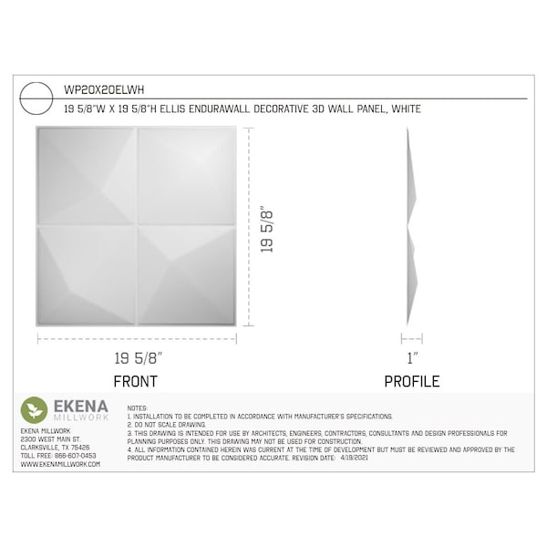 Ekena Millwork 19 5/8in. W x 19 5/8in. H Ellis EnduraWall Decorative 3D Wall Panel Covers Total 53.49 Sq. Ft., 20PK - WP20X20ELWH-CASE-20