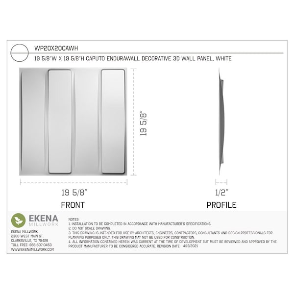Ekena Millwork 19 5/8in. W x 19 5/8in. H Caputo EnduraWall Decor 3D Wall Panel Covers, Total 26.75 Sq. Ft., 10PK - WP20X20CAWH-CASE-10