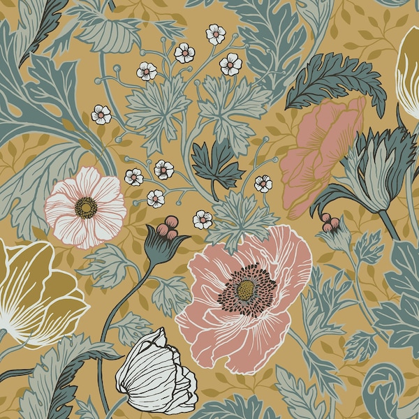 Manhattan Comfort Malakoff Anemone Mustard Floral 33 ft L X 205 in W Wallpaper - BR4080-33002