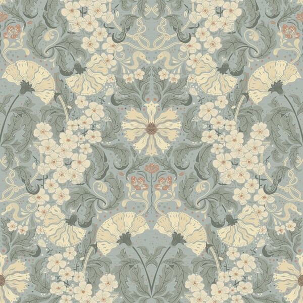 Manhattan Comfort Liverpool Ojvind Light Blue Floral Ogee 33 ft L X 209 in W Wallpaper - BR4080-83115