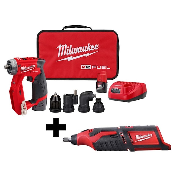 Milwaukee Tool M12 FUEL Installation Drill/Driver Kit, 1500 RPM, 12V DC + M12 Cordless Rotary Tool, 32,000 RPM - 2505-22, 2460-20
