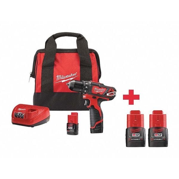 Milwaukee Tool M12 Drill Kit, 1/2 in, 12V DC - 2407-22, 48-11-2411