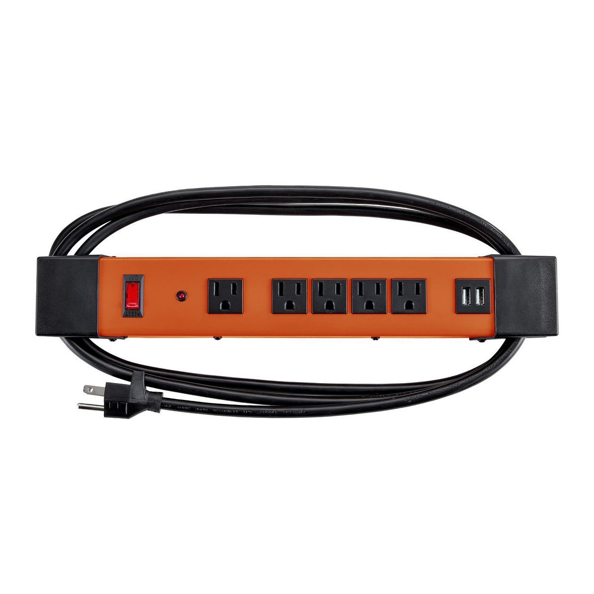 Regleta de energía magnética de 5 salidas con carcaza metálica y 2 puertos USB, color naranja - 57250