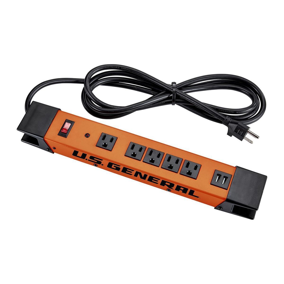 Regleta de energía magnética de 5 salidas con carcaza metálica y 2 puertos USB, color naranja - 57250