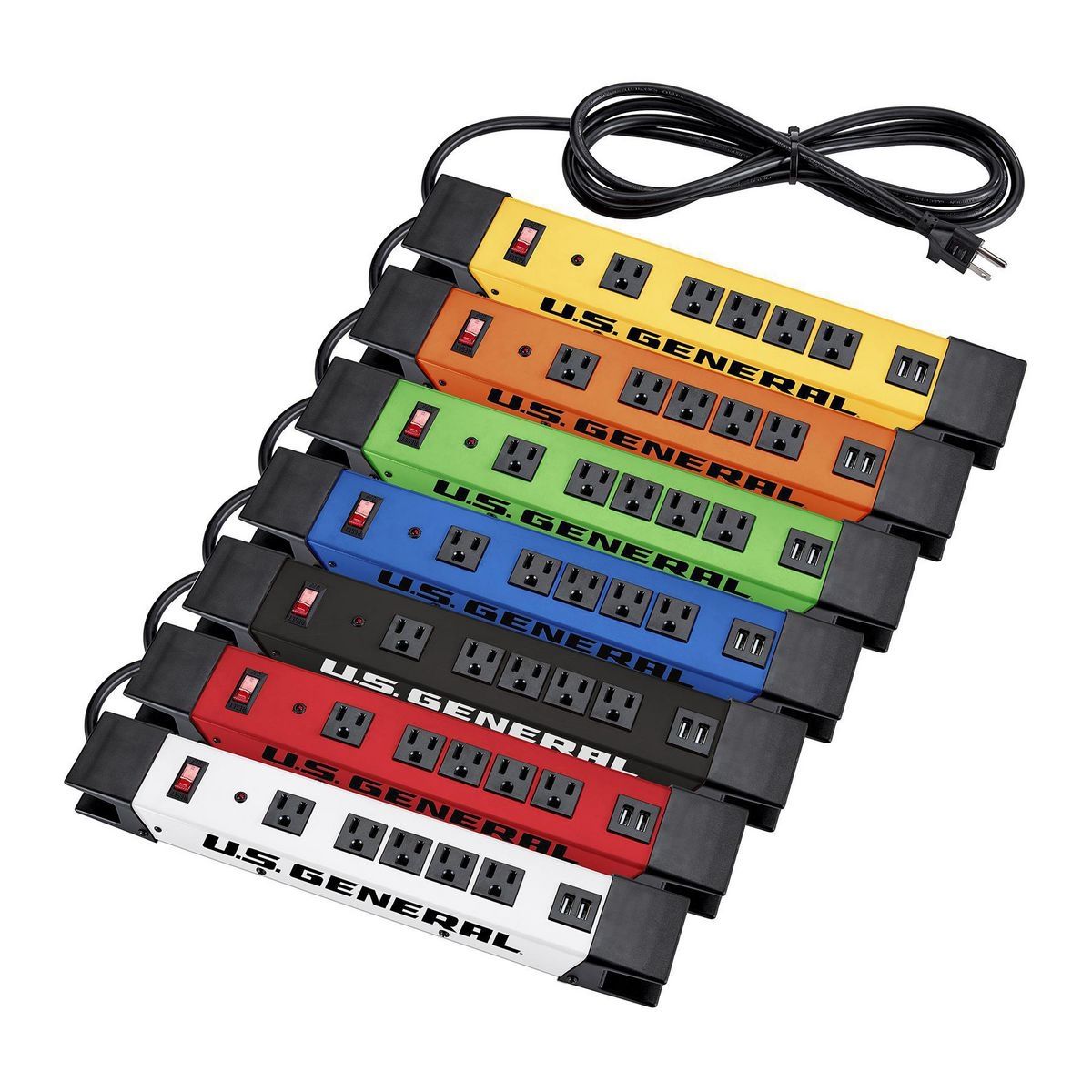 Regleta de energía magnética de 5 salidas con carcaza metálica y 2 puertos USB, color naranja - 57250