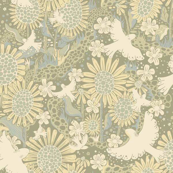 Manhattan Comfort Roubaix Drmma Sage Songbirds and Sunflowers 33 ft L X 209 in W Wallpaper - BR4111-63009