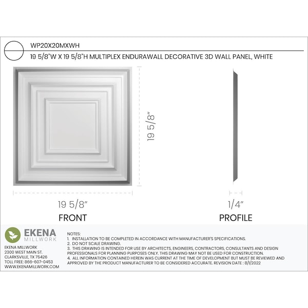 Ekena Millwork 19 5/8in. W x 19 5/8in. H Multiplex EnduraWall Decor 3D Wall Panel Covers, Total 32.1 Sq. Ft., 12PK - WP20X20MXWH-CASE-12
