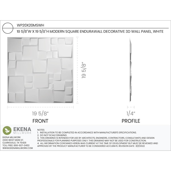Ekena Millwork 19 5/8in. W x 19 5/8in. H Modern Square EnduraWall 3D Wall Panel Covers Total 32.1 Sq. Ft., 12PK - WP20X20MSWH-CASE-12