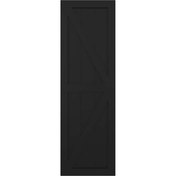Ekena Millwork True Fit PVC Two Equal Panel Farmhouse Fixed Mount Shutters w/ Z-Bar, Black , 18W x 71H, PR - TFP102FH18X071BL