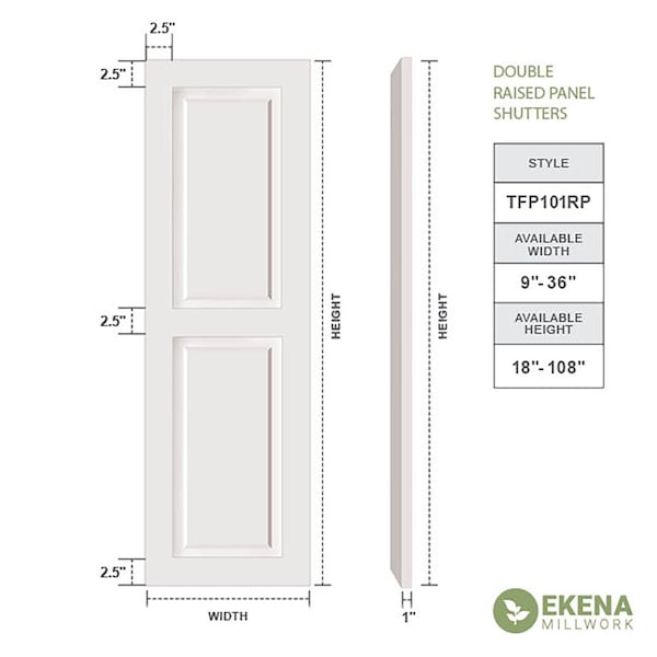 Ekena Millwork True Fit PVC Two Equal Raised Panel Shutters, Ocean Swell, 18W x 73H, PR - TFP101RPF18X073CH