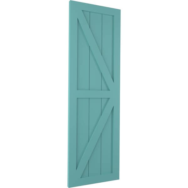 Ekena Millwork True Fit PVC Two Equal Panel Farmhouse Fixed Mount Shutters w/Z-Bar, Pure Turquoise, 18W x 34H, PR - TFP102FH18X034PT