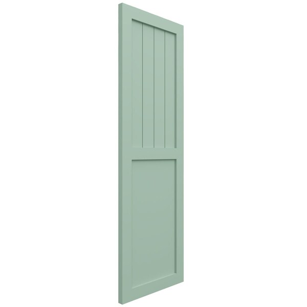 Ekena Millwork True Fit PVC Farmhouse/Flat Panel Combination Fixed Mount Shutters, Seaglass, 18W x 75H, PR - TFP101FC18X075SG