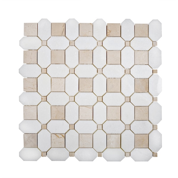 Apollo Tile Sample, Crema Ocatogon & Thassos Dot 12.2"x12.2" Marble Mosaic Tile - APLVL99S11EC57 SAMPLE