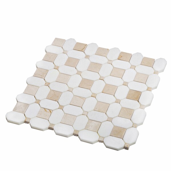 Apollo Tile Sample, Crema Ocatogon & Thassos Dot 12.2"x12.2" Marble Mosaic Tile - APLVL99S11EC57 SAMPLE
