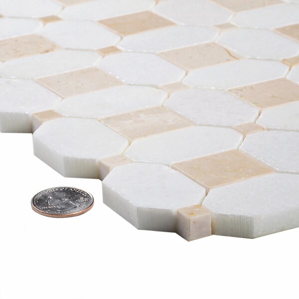 Apollo Tile Sample, Crema Ocatogon & Thassos Dot 12.2"x12.2" Marble Mosaic Tile - APLVL99S11EC57 SAMPLE
