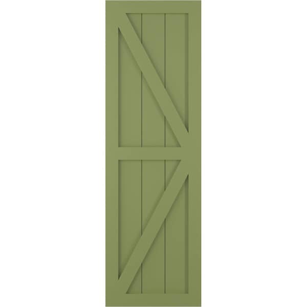 Ekena Millwork True Fit PVC Two Equal Panel Farmhouse Fixed Mount Shutters w/ Z-Bar, Moss Green , 12W x 28H, PR - TFP102FH12X028MG