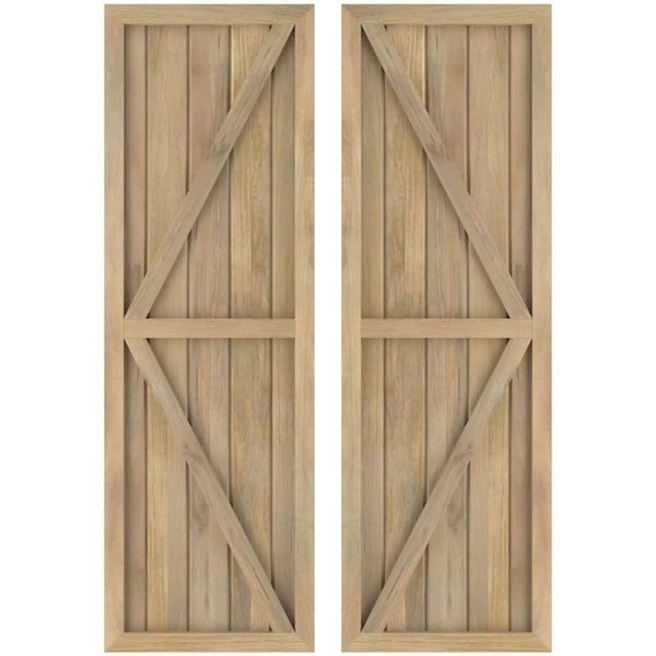 Ekena Millwork Americraft 5-Board Wood 2 Equal Panel Frmd Board-n-Batten Shutters w/Dubl Z-Bar, ARW102BF518X43UNH, PR - ARW102BF518X43UNH