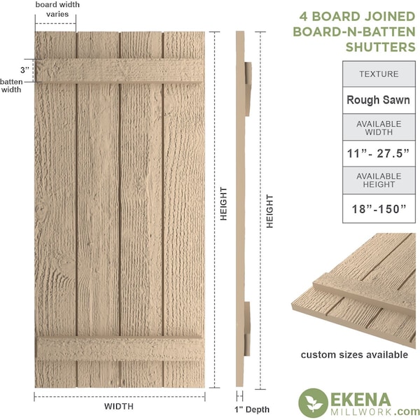 Ekena Millwork Rustic Four Board Joined Board-n-Batten Rough Sawn Faux Wood Shutters, 22W x 56H, PR - SHUBJS22X56RSPR