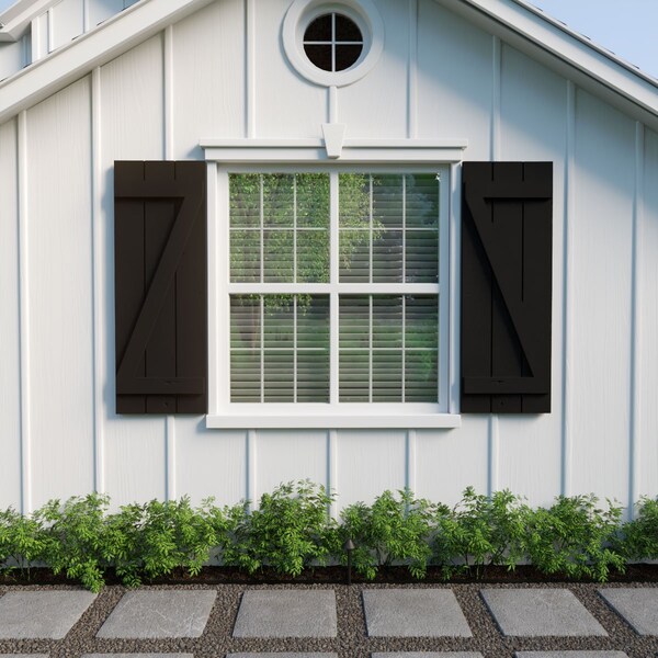 Ekena Millwork Rustic Three Board Joined Board-n-Batten Knotty Pine Faux Wood Shutters w/Z-Board, 16 1/2W x 74H, PR - SHUBJZ16X74KPPR