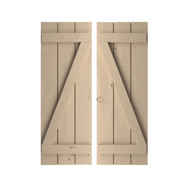 Ekena Millwork Rustic Three Board Joined Board-n-Batten Knotty Pine Faux Wood Shutters w/Z-Board, 16 1/2W x 74H, PR - SHUBJZ16X74KPPR
