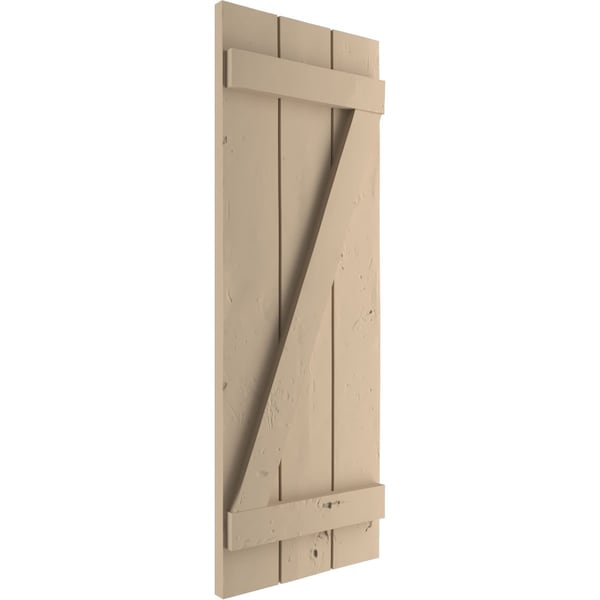 Ekena Millwork Rustic Three Board Joined Board-n-Batten Knotty Pine Faux Wood Shutters w/Z-Board, 16 1/2W x 74H, PR - SHUBJZ16X74KPPR