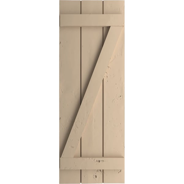 Ekena Millwork Rustic Three Board Joined Board-n-Batten Knotty Pine Faux Wood Shutters w/Z-Board, 16 1/2W x 74H, PR - SHUBJZ16X74KPPR