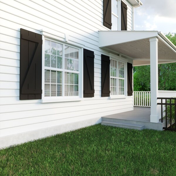 Ekena Millwork Rustic Three Board Joined Board-n-Batten Knotty Pine Faux Wood Shutters w/Z-Board, 16 1/2W x 74H, PR - SHUBJZ16X74KPPR